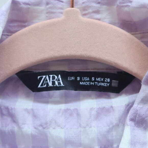 Zara Lilac Gingham Shoulder Pad Cropped Blouse Size S - Picture 9 of 10